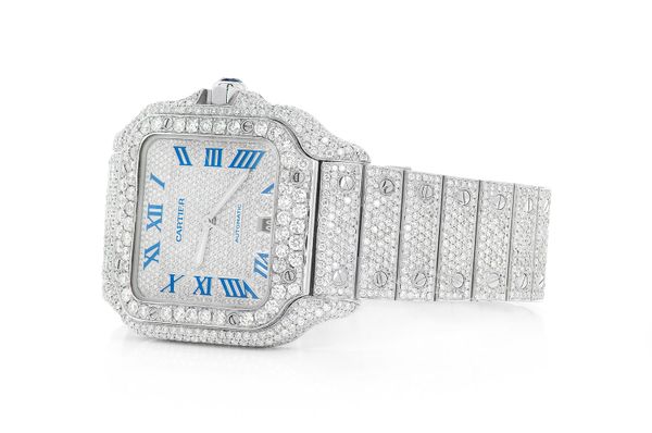 Cartier Santos De Cartier Steel 40MM (4072) - 20.50ctw Fully Iced Out - Custom Blue Enamel Pave Dial