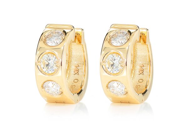 Three Stone Gypsy Set Diamond Huggie Hoop Earrings 14k Solid Gold 0.95ctw