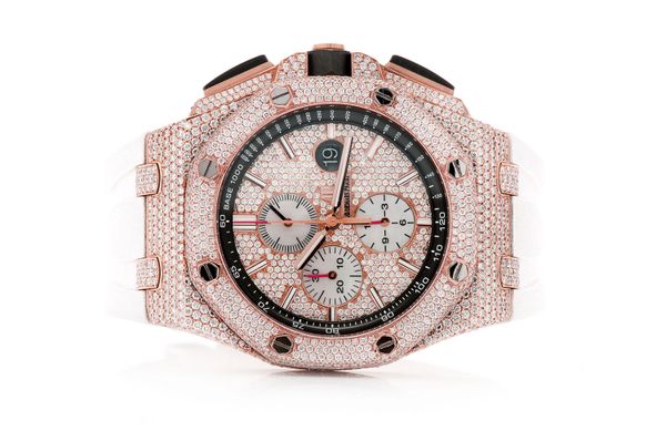 Audemars Piguet Royal Oak Offshore 44MM Rose Gold - Fully Iced Out White Rubber Strap