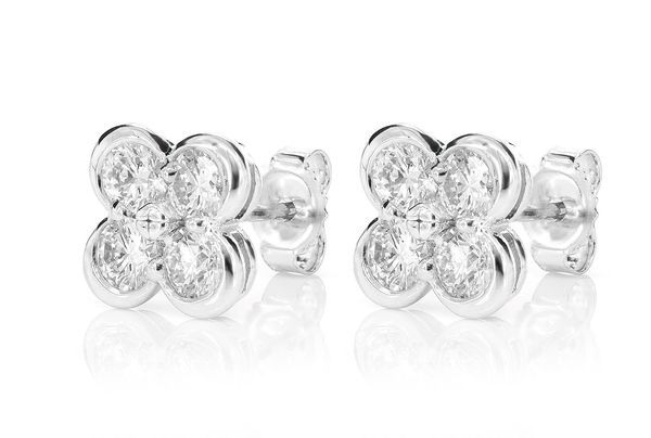 Diamond Clover Stud Earrings 14k Solid Gold 0.95ctw