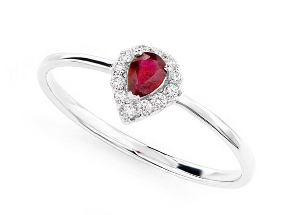 Pear Shape Ruby And Diamond Halo Engagement Ring - All Natural - 14k Solid Gold - 0.08ctw 