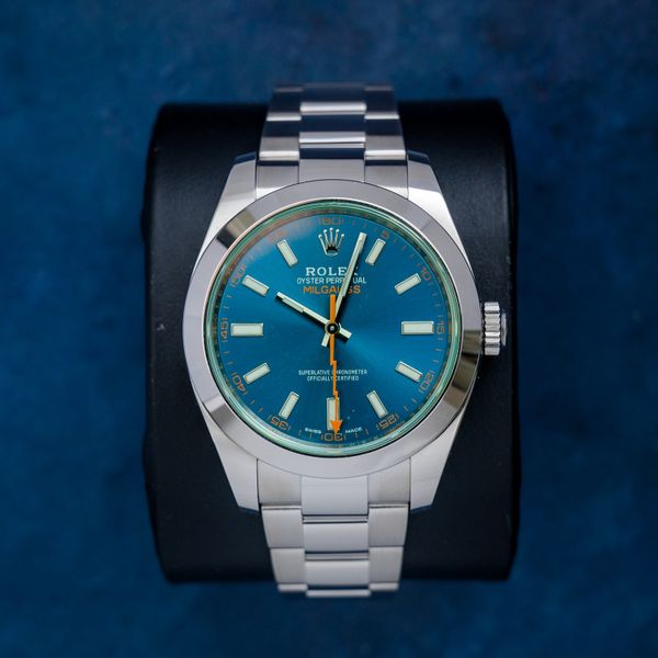 Sold - Rolex Milgauss 40MM (116400gv) Blue Dial / Green Crystal - 2022 Card & Box (SW)