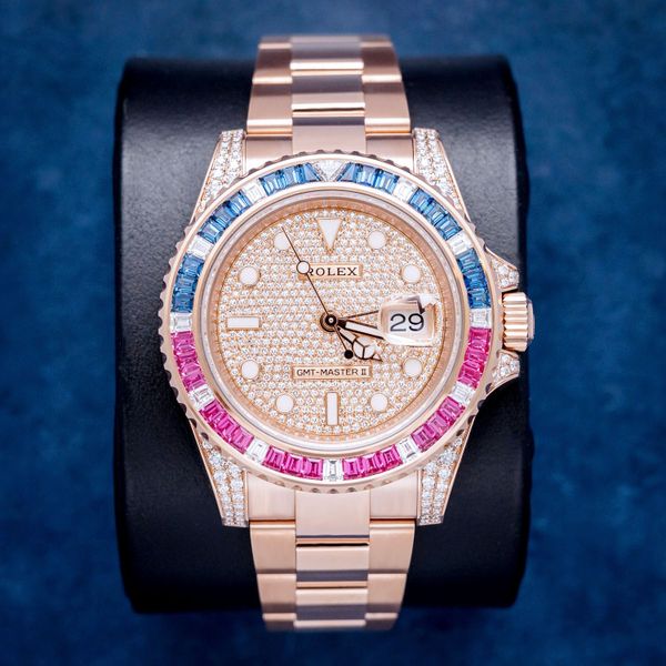 Rolex GMT Master II 40MM (126755SARU) Rose Gold - Gem Set - Pave Dial, Ruby, Sapphire Bezel 2021 Card+WT & Box
