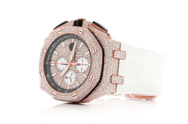 Audemars Piguet Royal Oak Offshore 44MM Rose Gold - Fully Iced Out White Rubber Strap