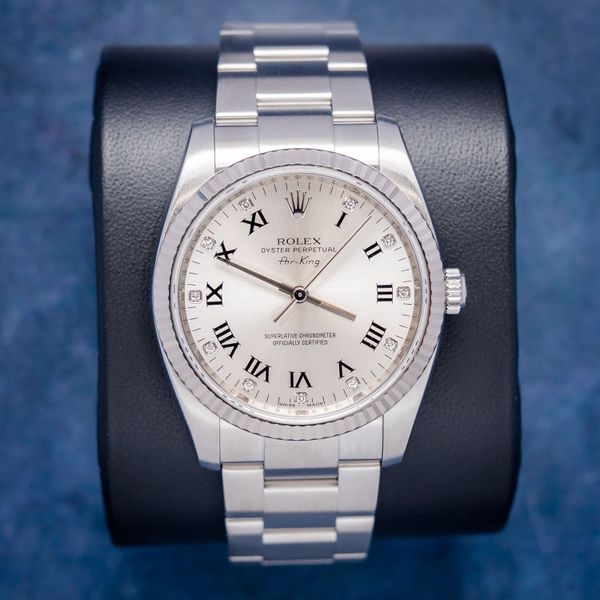 Rolex Air King (114234) Steel & White Gold - Oyster Brac - Silver Black Roman Diamond Dial - 2011 Card & Box