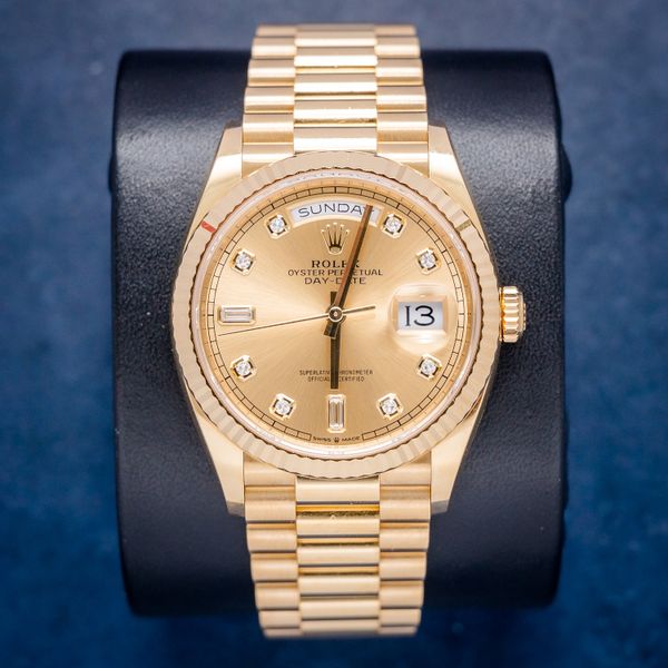 Sold - Rolex 36MM Day-Date (128238) Yellow Gold - Champagne Diamond Dial - 2025 Card+WT & Box - (sw890)