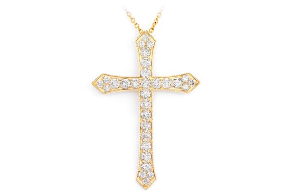 Beaded Diamond Cross Pendant Necklace Attached 14k Solid Gold 1.85ctw 