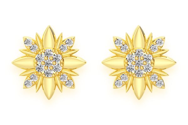 Petal Flower Stud Diamond Earrings 14k Solid Gold 0.10ctw