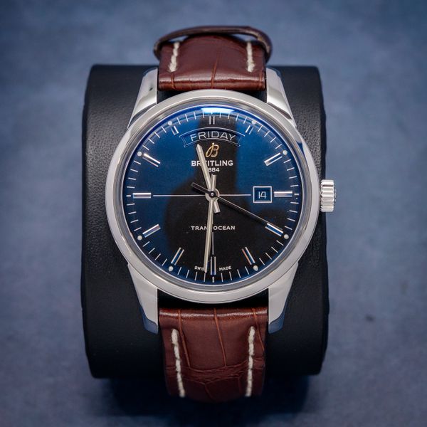 Breitling Transocean 43MM (A45310) - Day & Date - Steel - Black Dial Brown Leather Strap - Original Digi Card & Watch