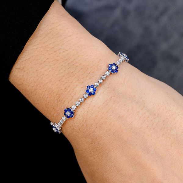 Diamond And Sapphire Five Flower Tennis Bracelet 14k Solid Gold 0.50ctw