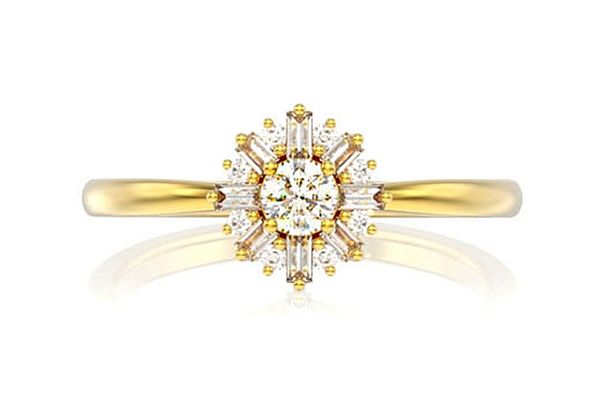 Round Floral Baguette Diamond Ring 14k Solid Gold 0.35ctw