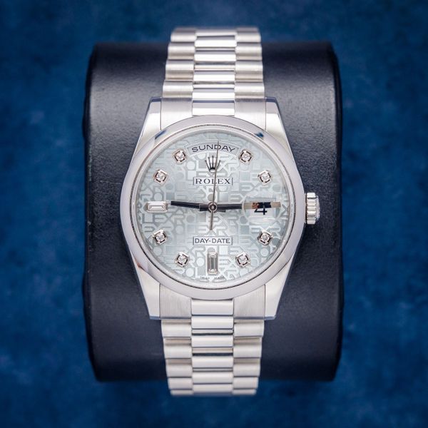 - Rolex Day-Date 36MM (118206) Platinum Factory Glacier Blue Diamond Dial - 2018 Card & Box (sw827)