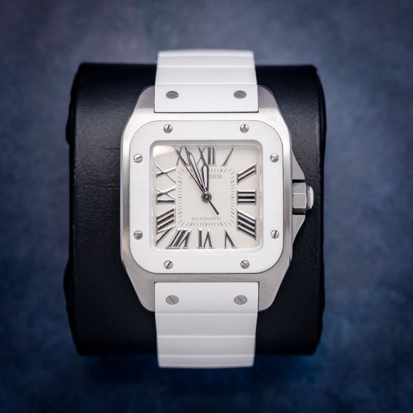 Cartier Santos 100 Ss/rubber White Strap W/card
