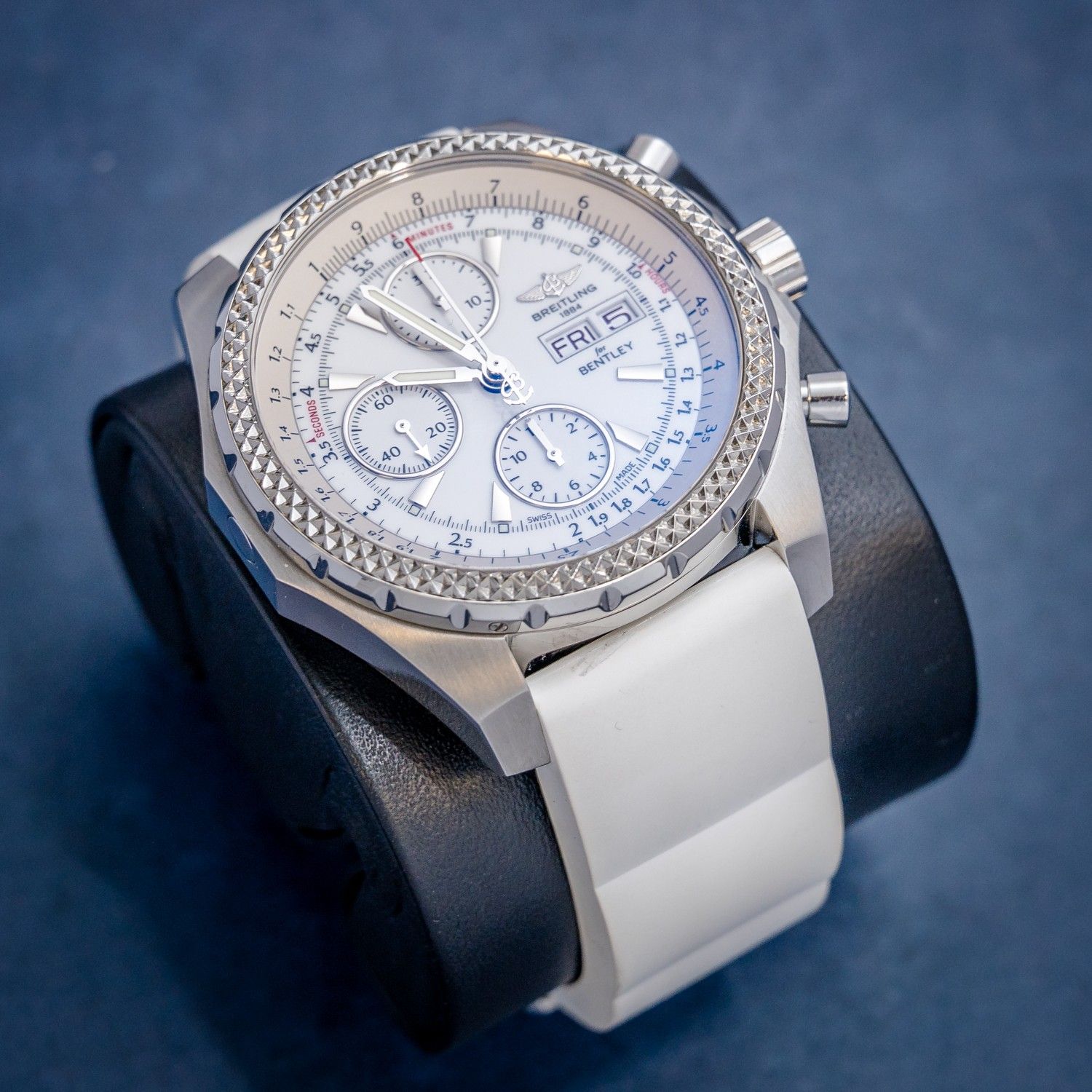 Breitling Bentley 44MM (A13363) White Rubber Strap - Deployant Buckle - Watch & Cosc Paper