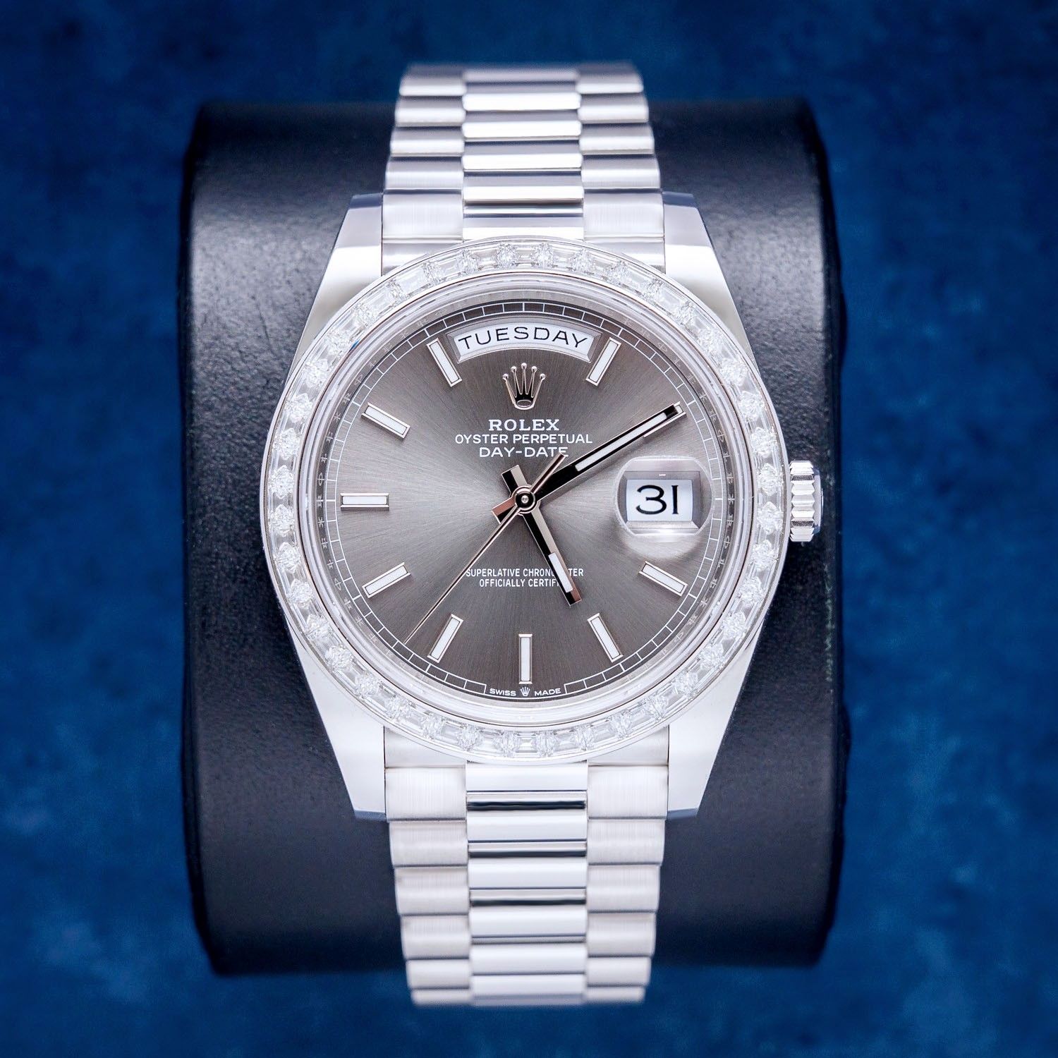 Rolex Day Date 40MM (228396TBR) Platinum - Baguette Diamond Bezel - Slate Index Dial