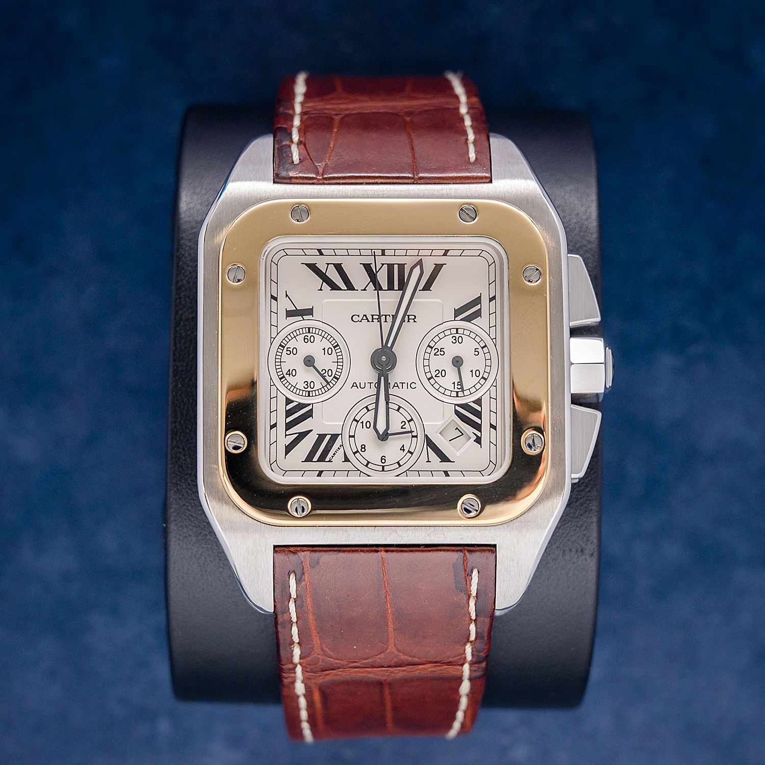 Cartier Santos 100 XL 42MM (2740 / W20091X7) Chronograph Steel & Yellow Gold - Brown Leather Strap - Watch & Box