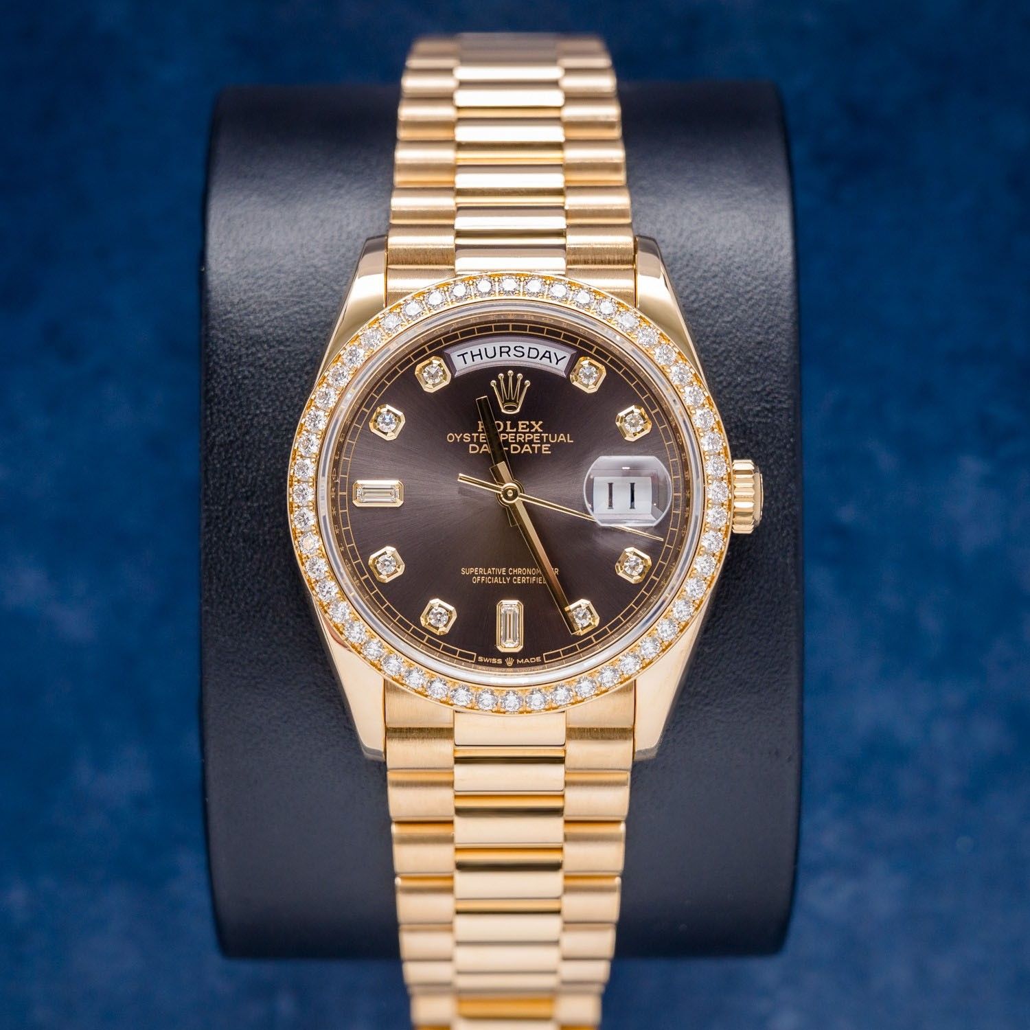 Rolex Day Date 36MM (128348RBR) - Presidential Yellow Gold - Diamond Bezel, Charcoal Diamond Dial - 2020 Card+WT