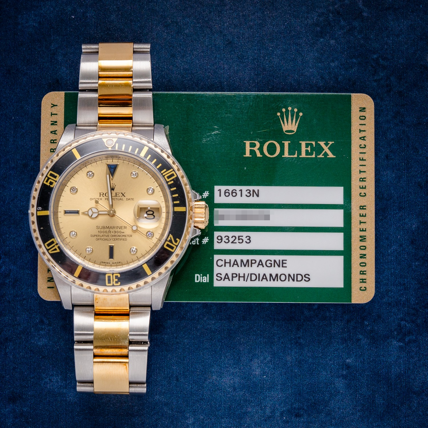 Rolex Submariner 40MM (16613N) Steel & Yellow Gold - Diamond & Ruby Serti Dial - Unworn 2008 Model - Barcode On Case - Box & Papers Complete Set 2008 Card