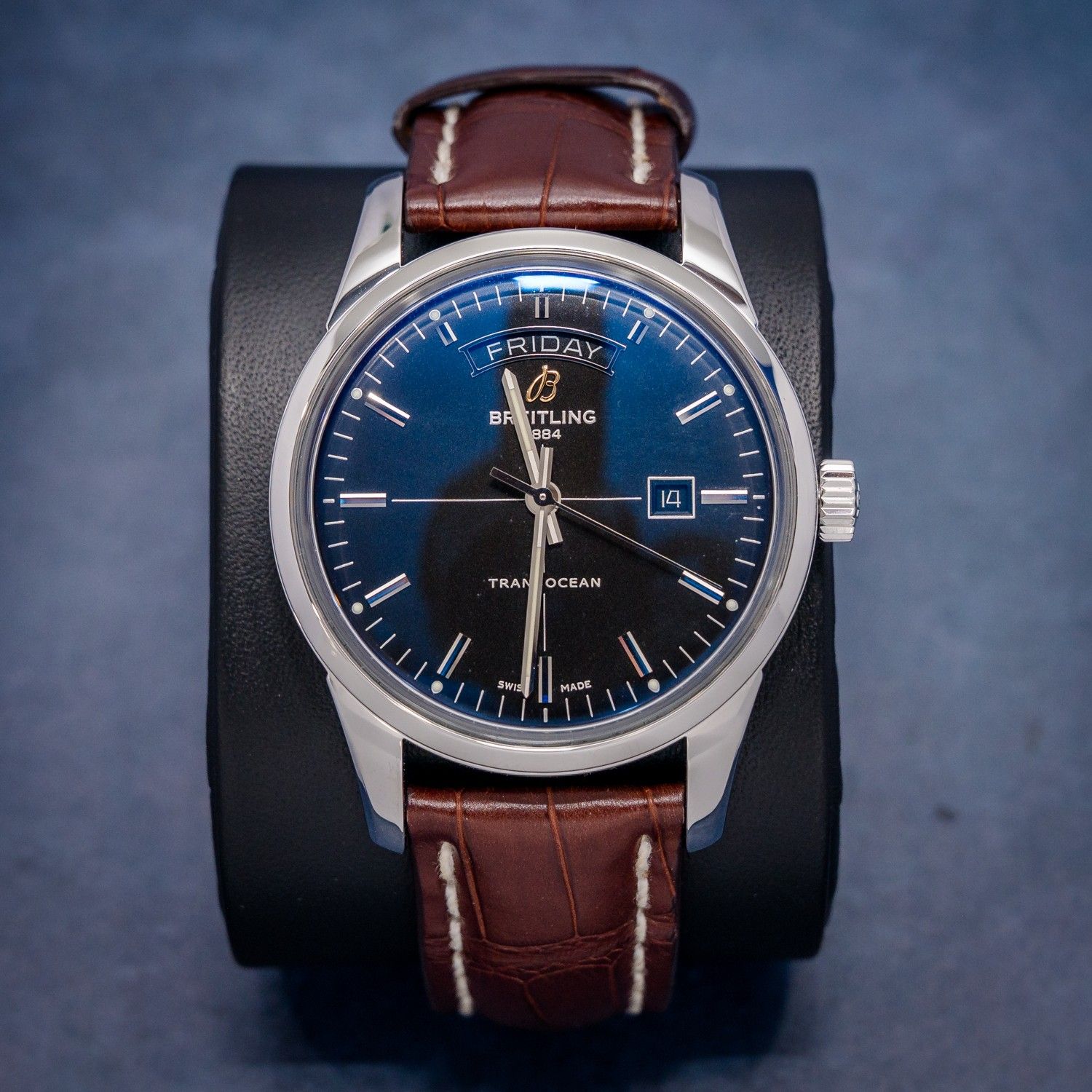 Breitling Transocean 43MM (A45310) - Day & Date - Steel - Black Dial Brown Leather Strap - Original Digi Card & Watch
