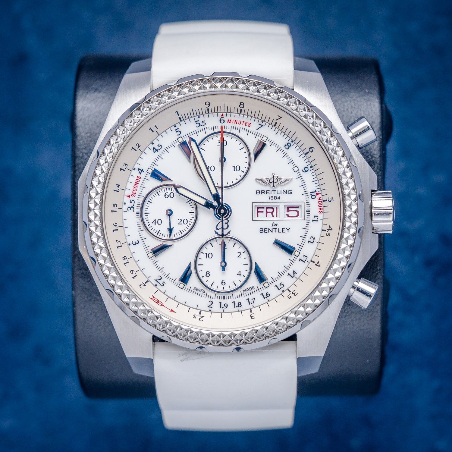 Breitling Bentley 44MM (A13363) White Rubber Strap - Deployant Buckle - Watch & Cosc Paper